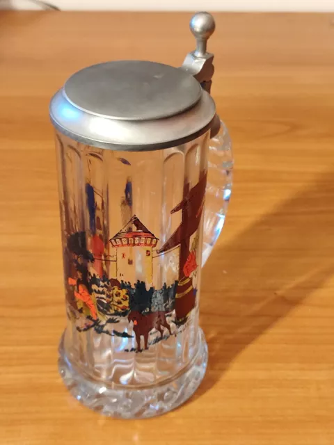 Alter Bierkrug aus Glas 0,5L mit Zinndeckel Glaskrug Burgmotiv