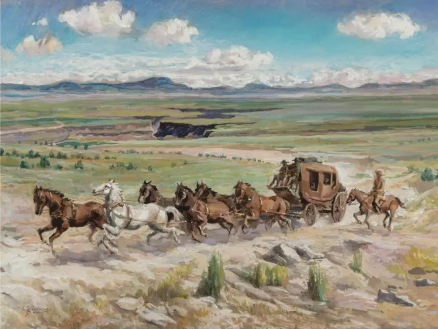 Stagecoach Horse Riders Cowboys 18 x 24 in Rolled Canvas Print Old West Painting