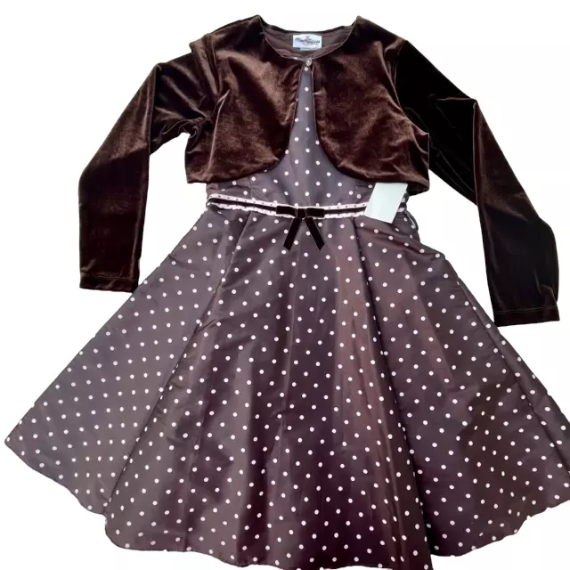 Rare Editions NWT Girls Velvet Cardigan Dress Set Brown Pink Polka Dots Midi 16