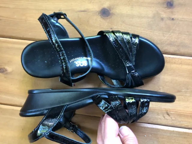 SAS 8 WW Strippy Quarter Strap Wedge Women's Black Leather Sandals Worn Once!