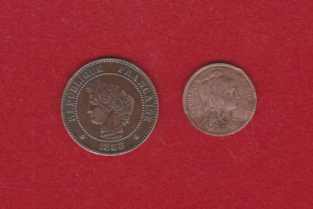 France - IIIème République - 2 centimes Cérès 1888 A + 1 centime Dupuis 1908