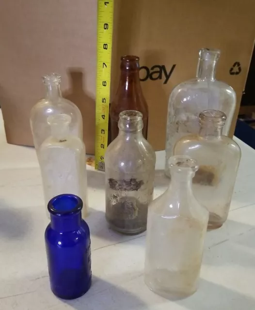 Vintage Antique Lot Of 8 Multicolor Glass Medicine/Apothecary Bottles