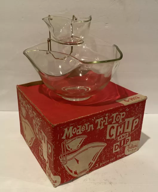 Vintage Indiana Glass Co 3 Piece Modern TriTop Glass Chip and Dip Set w Org Box