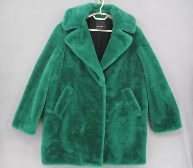 Decjuba Coat Womens Medium Green Pockets Soft Fury Collared Long Comfy 60s 70s