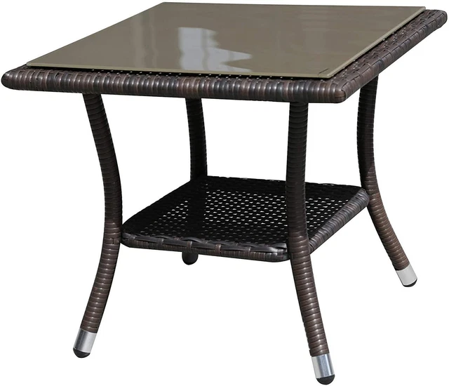 Outdoor End Table Rattan Square Glass Top, Wicker Table For Patio Garden, Brown