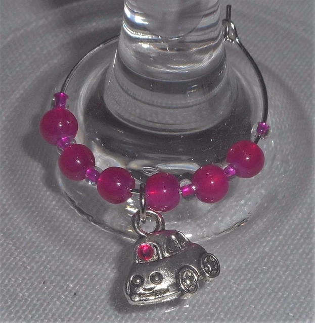 Rhinestone VW Beetle Bug Car Charm & Crystals Wine Glass Charms, set of 6