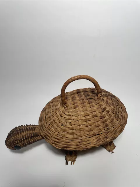 Vintage Handmade Wicker Turtle Basket With Lid
