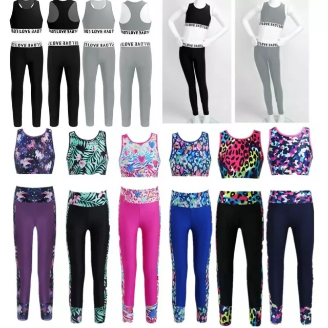 Kids Girls Athletic Sports Dance Outfits Tank Crop Tops Leggings Tracksuit Sets