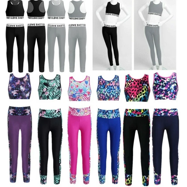 Kids Girls Dance Workout Crop Top+Leggings Set Athletic Outfit Ballet Sportswear