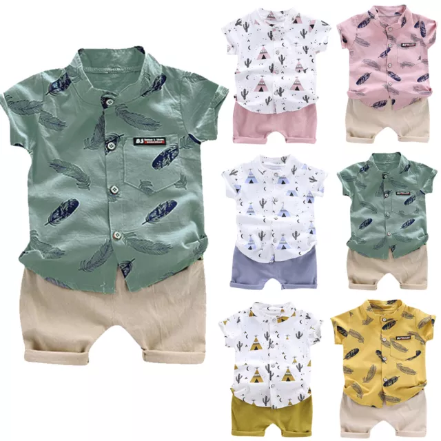 Infant Kids Baby Boys Summer Set Button Print T Shirt Top Shorts Outfits Clothes