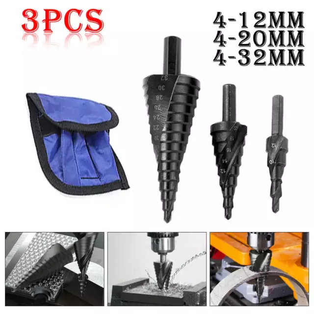 3PCS HSS Step Drill Bit Set Large Cone Titanium Bit Set Metal Hole Cutter +Pouch