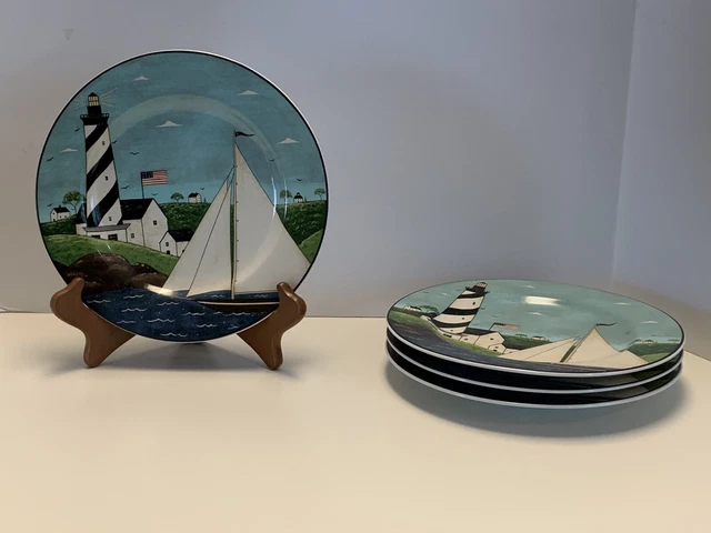 4 Warren Kimble COASTAL BREEZE 1998 Sakura 8" Salad Plates Nautical Lighthouse