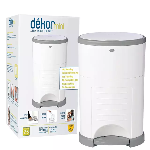 Dekor Mini Hands-Free Diaper Pail | White | Easiest to Use | Just Step – Drop –