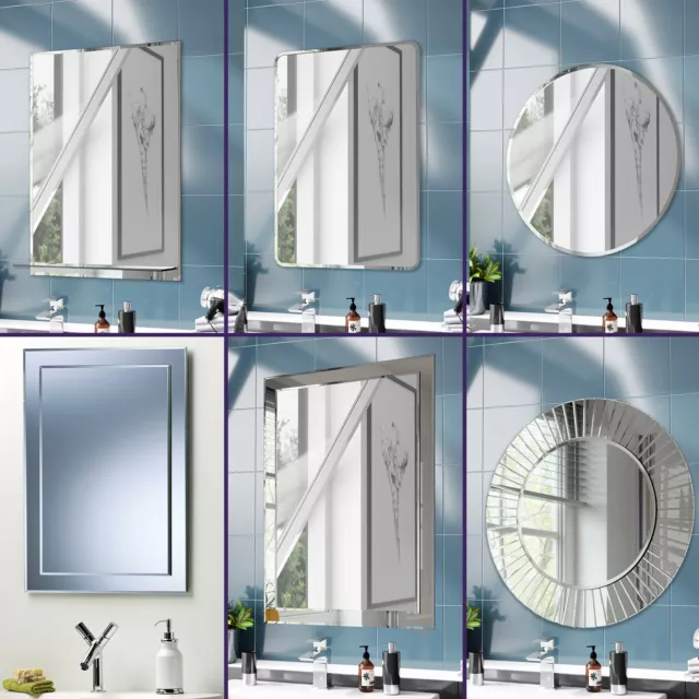 Luxury Frameless Bathroom Mirror Rectangular / Round Unframed Wall Hung