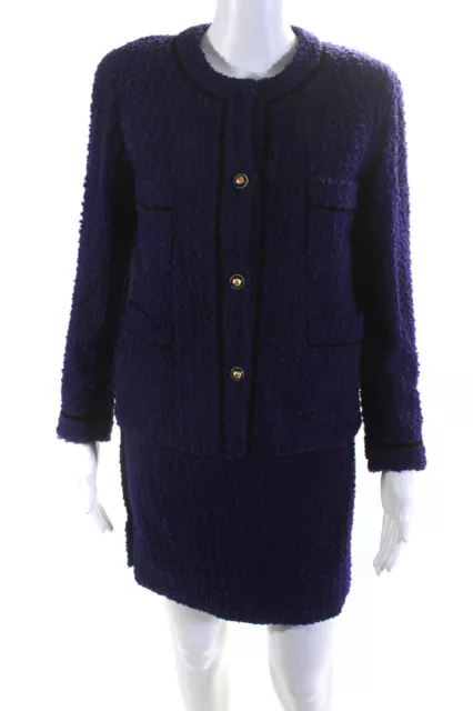 Chanel Boutique Womens Button Up Tweed Chain Weighted Skirt Suit Purple Size 4