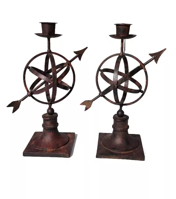 Vintage Cast Iron Candle Stick Holders Armillary Sculptures Home Decor MCM 11x4"