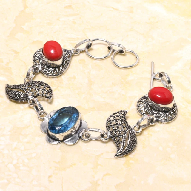 Swiss Blue Topaz, Italian Red Coral Handmade Gift Jewelry Bracelet 7-8" k147