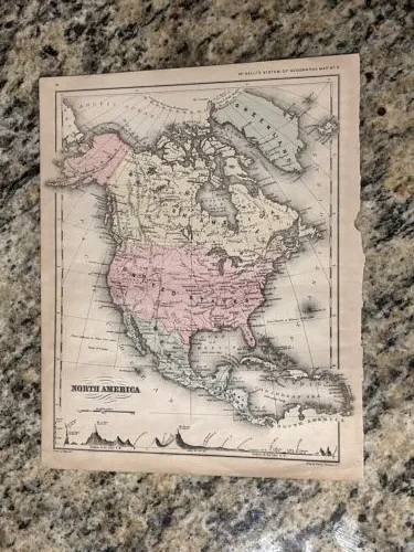 Beautiful 1873 Colorful Antique Map of North America Approx. 13x11 inches