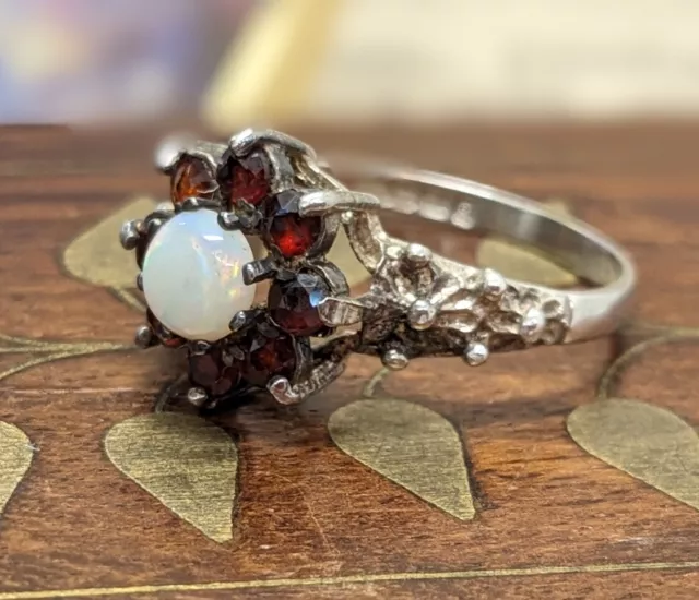 Ladies Sterling Silver Floral Shoulder Red Garnet Opal Cluster Ring Size N