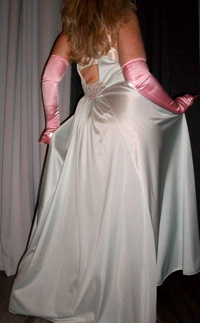 Vtg Fair Aqua Lily of France Long Silky Sweep Nylon Nightgown L