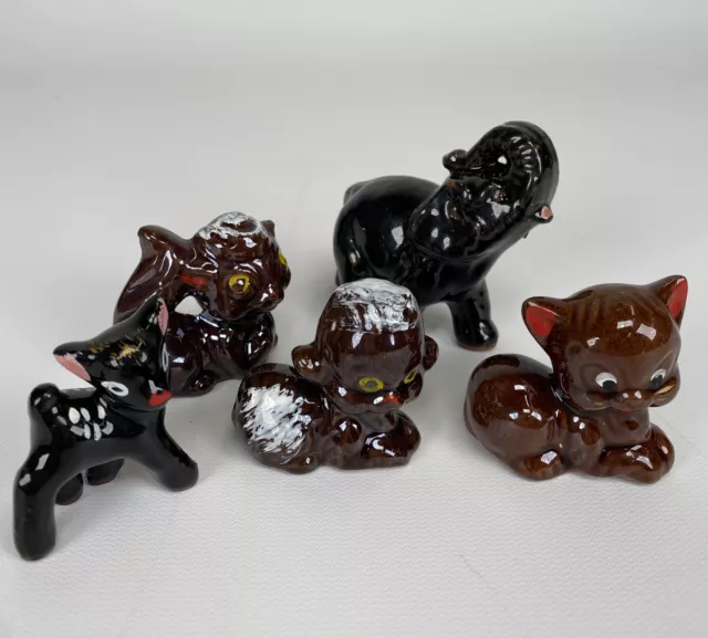 Vintage Animal Figurines Redware Clay Ceramic Pottery Japan MCM Cat Deer Elephan