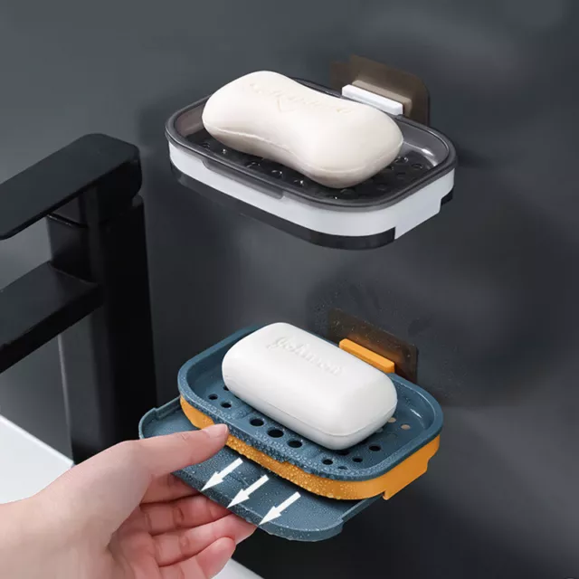 Wall Mounted Soap Dish Holder Draining Case Bathroom Storage Box Rack Shower《