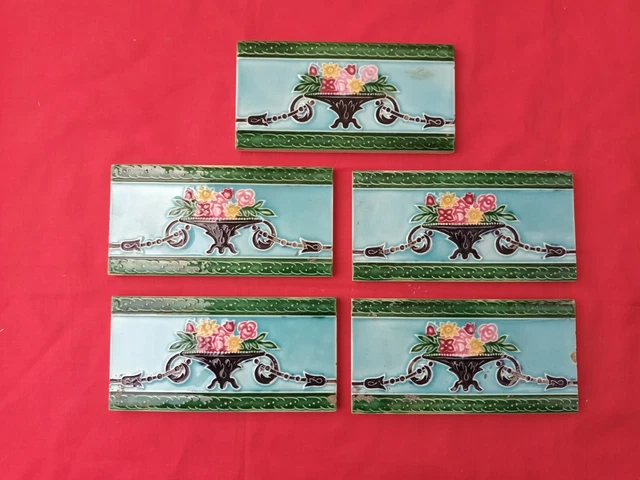 5 Piece Old Art Nice Flower Design Majolica Ceramic Tiles Japan 0067 6