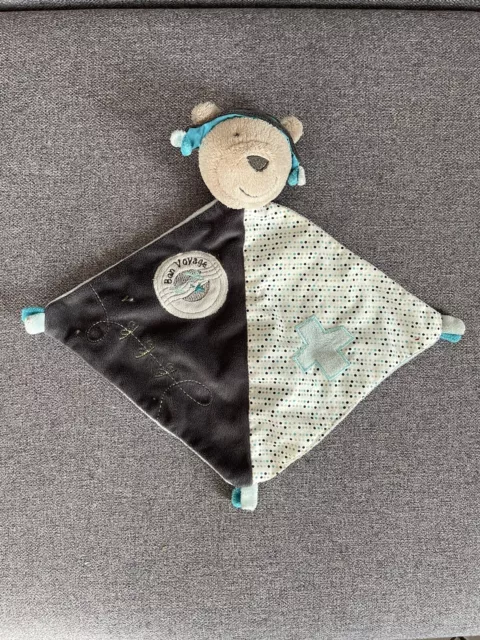 Doudou Plat Ours Aviateur Bleu Noir Pois Sauthon