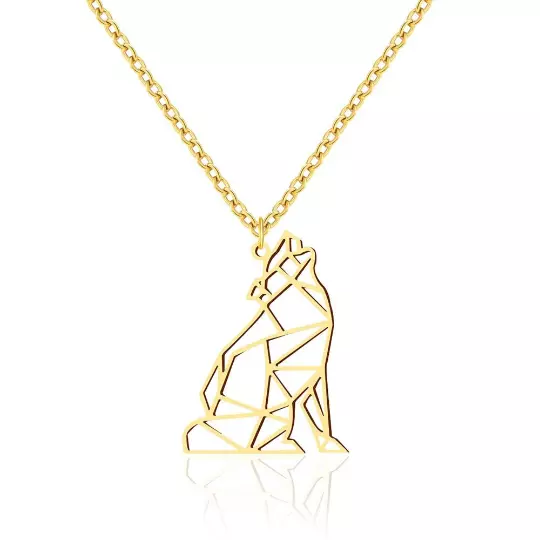Solid 14K Gold Origami Line Wolf Design Gothic Pendant Pet Animal Gift NO CHAIN