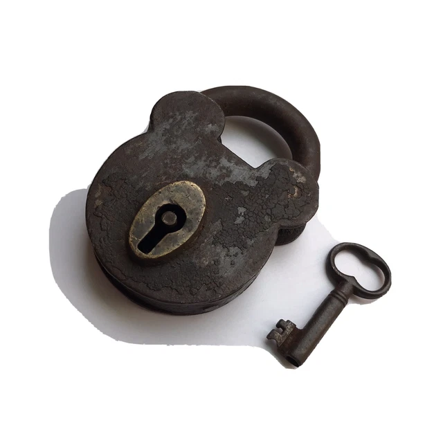 Iron smoke house padlock or lock with original key, old or antique.