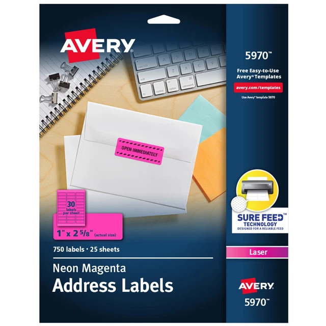 Neon Laser Labels, Rectangle, 1"x2-5/8", 750/PK,Neon Magenta
