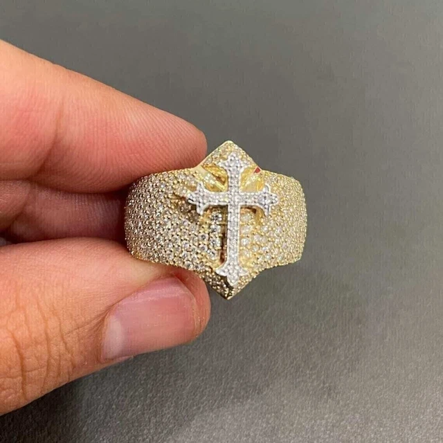 3ct Ronde Véritable Moissanite Hommes Croix Pinky Bague En Argent Plaqué Or...