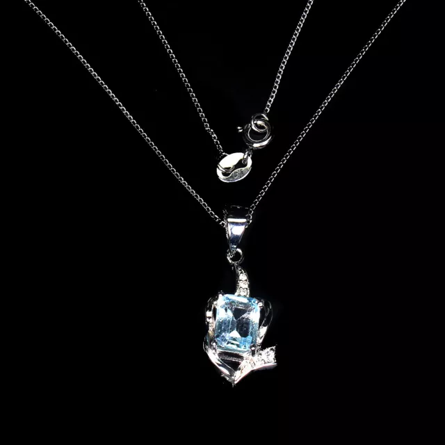 Irradiated Octagon Blue Topaz 8x6mm Simulated Cz 925 Sterling Silver Necklace 18