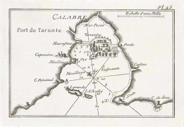 Taranto Tarent Puglia Italia Carta Mappa Roux Incisione 1800