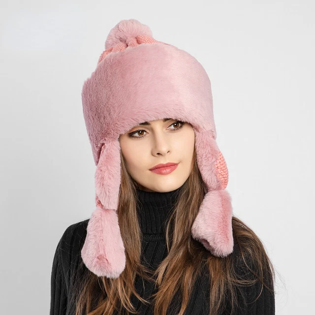 Bonnet Femme Fausse Fourrure Avec Pompon – Style Cosaque Russe, Hiver Ski