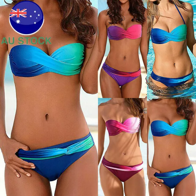 Women Bandeau Padded Push Up Strapless Swimsuit Bikini Set Bathing Suit Swimwear