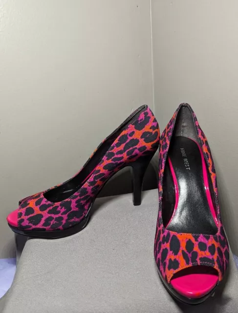 New NINE WEST $79 Hot Pink Orange Leopard 4” High Heel PUMPS Womens Size 7 M