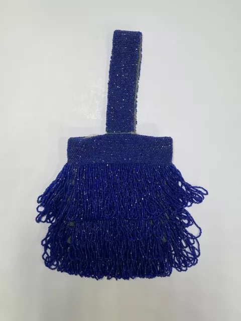 Art Deco Micro Beaded Purse Tiered Fringed Flapper Handbag Cobalt Blue Vintage