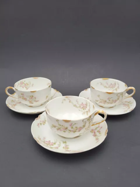 Set Of 3 Haviland Limoges Teacups & Saucers Norma Gold 233A Floral Motif