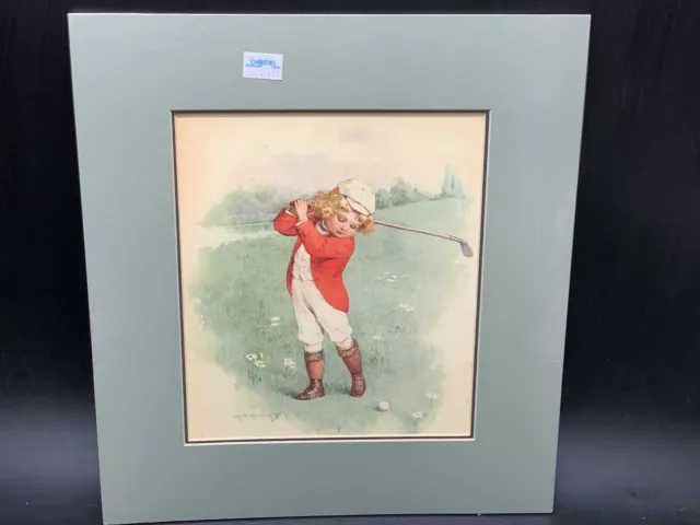 Antique Mounted Maud Humphrey Golfer Golf Golfing Large Print Boy / Girl