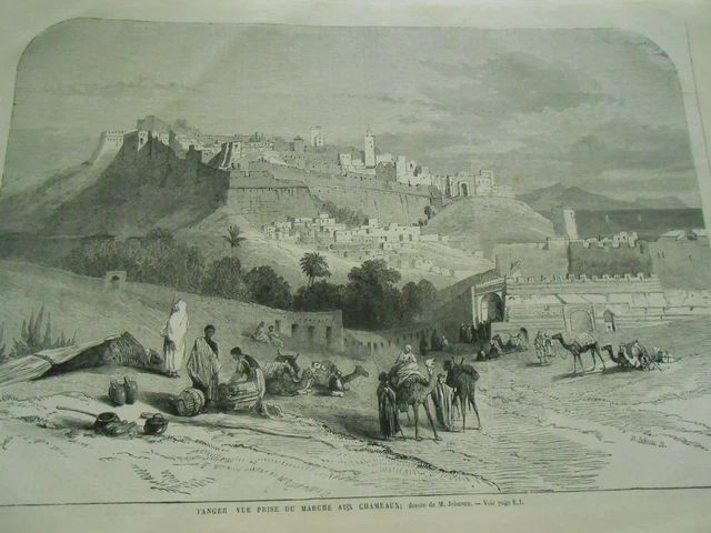Gravure 1868 - Tanger vue prise du marché aux Chameaux