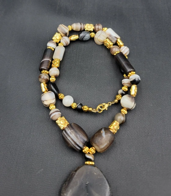 Ancient Old Banded Agate Stone Tibeten Rare Stunning Necklace With Brass Beads