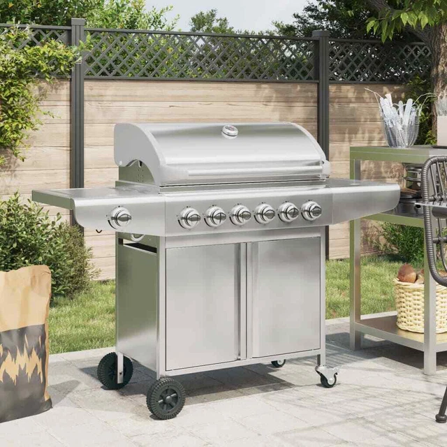 Barbecue e Griglia a Gas con 3 Ripiani e Tavolinetto Argento