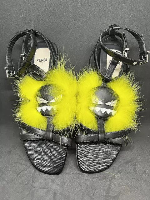 FENDI 38 7.5 US Black Bugface Monster Genuine Fox Fur Embellished Leather Sandal