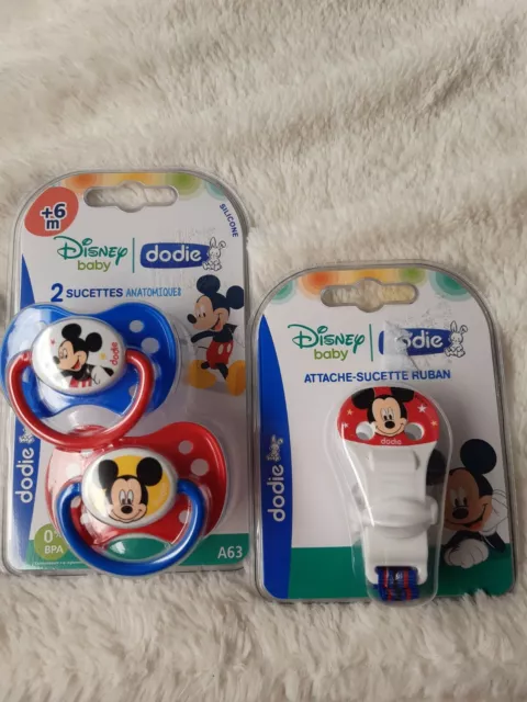 Disney Baby 2 Sucettes Silicone Dodie Tetines +6 Mois Mickey + attache tutute