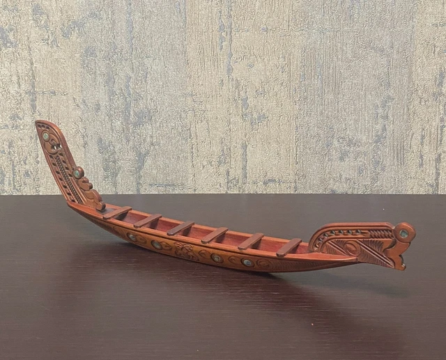 Hand Carved Vintage Miniature Maori  Wooden Waka Taua War New Zealand