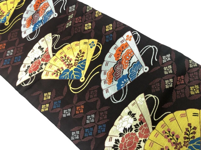 6564473: Japanese Kimono / Antique Nagoya Obi / Woven Folding Fan Pattern & Paul