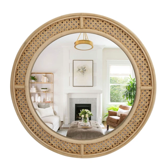 Miroir Mural Rond En Rotin Tissé Main 28cm - Cadre Beige, Miroir 18cm - Décoration Bohème Pour Salon, Chambre, Salle De Bain