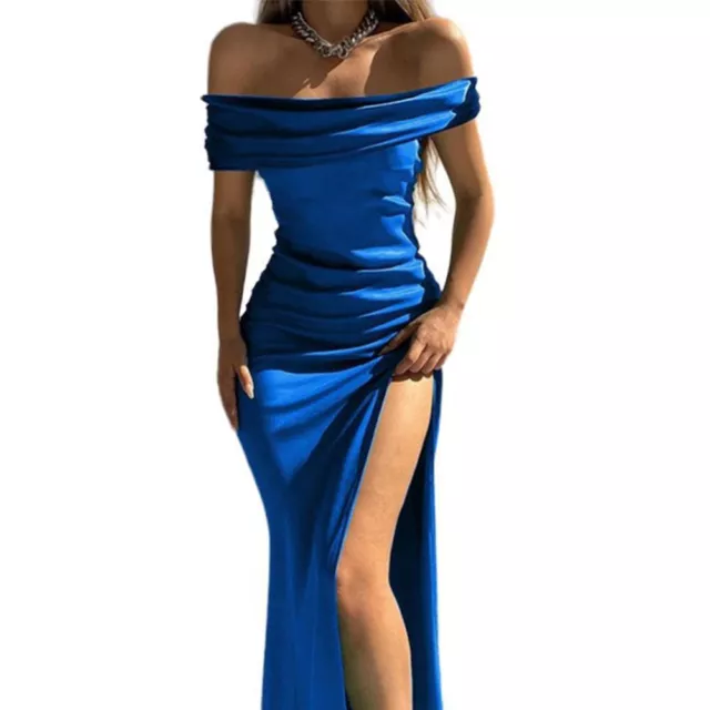 Stylish Off Shoulder Satin Pleated Dress for Women High Split Evening Dress