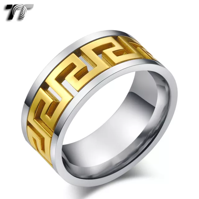 TT Stainless Steel Gold Greek Pattern Inlaid Wedding Band Ring R276 Size 6-15
